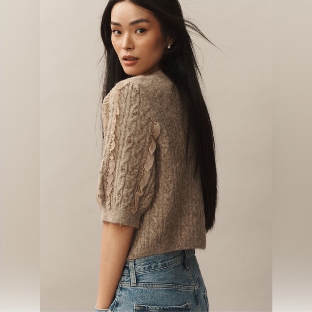 Maeve Ruffled Embellished Short Sleeve Cardigan Sweater Sparkle Anthropologie XL - Picture 4 of 16